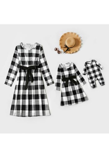 Black and White Plaid Long Sleeve Round Neck Belted Mini Dress for Mom and Me