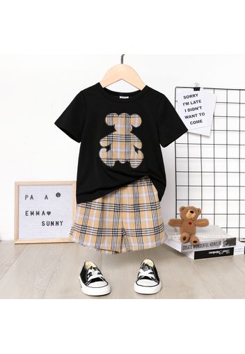 2-piece Toddler Boy Bear Print Short-sleeve Black Tee and Elasticized Plaid Shorts Set