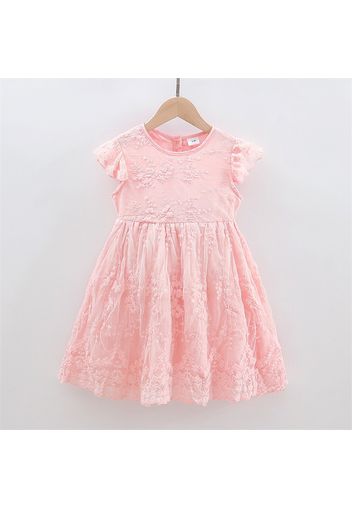 Toddler Girl Floral Lace Design Flutter-sleeve Pink Mesh Party Dress