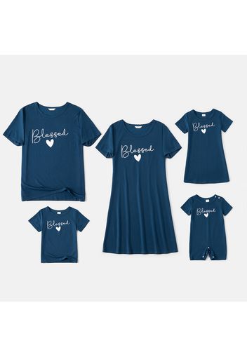 Blessed Letter Print Family Matching Sets(Short Sleeve T-shirts Dresses for Mom and Girl)