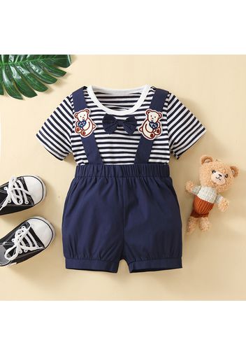 2pcs Baby Boy Striped Short-sleeve Bow Tie Tee and Cartoon Suspender Shorts Set