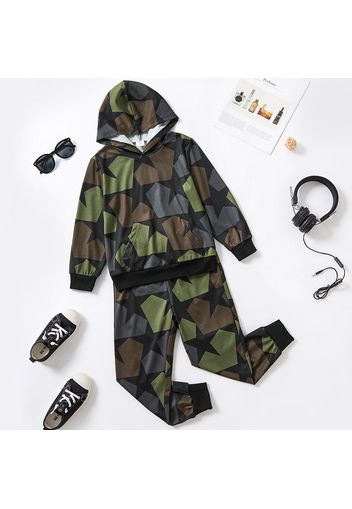 2-piece Kid Boy Stars Geometric Print Colorblock Hoodie Sweatshirt and Elasticized Pants Casual Set