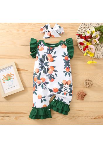 2pcs Baby Girl Allover Fruit Print Ruffle Flutter-sleeve Jumpsuit with Headband Set