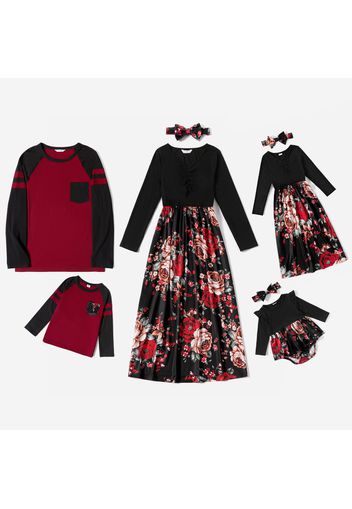 Family Matching Black V Neck Long-sleeve Splicing Floral Print Dresses and Color Block T-shirts Sets