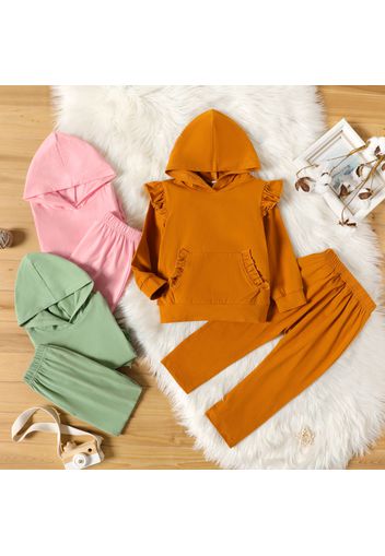 2-piece Toddler Girl Ruffled Solid Color Hoodie Sweatshirt and Pants Set