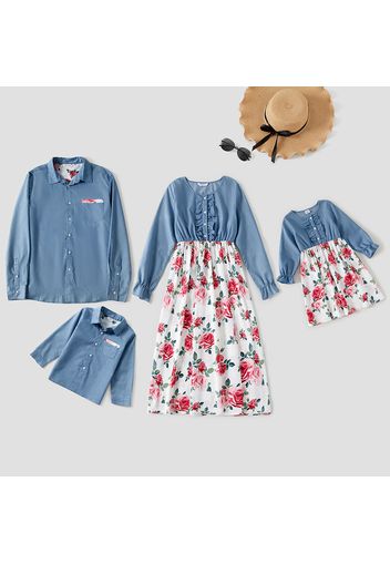 Family Matching Blue and Floral Print Splicing Long-sleeve Dresses and T-shirts Sets