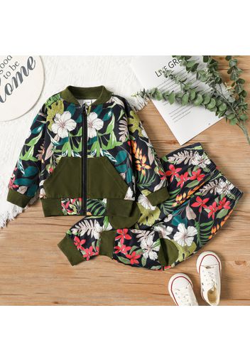 2-piece Toddler Girl Butterfly/Floral Print Colorblock Zipper Bomber Jacket and Elasticized Pants Set