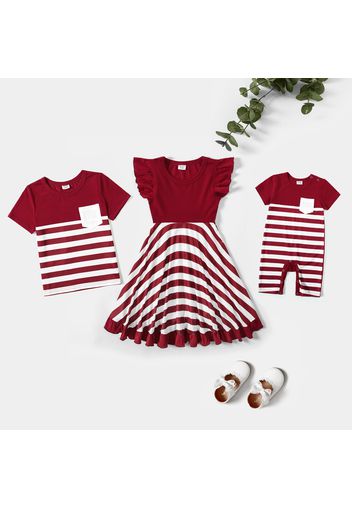 Sibling Matching Red Splicing Striped Short-sleeve Sets