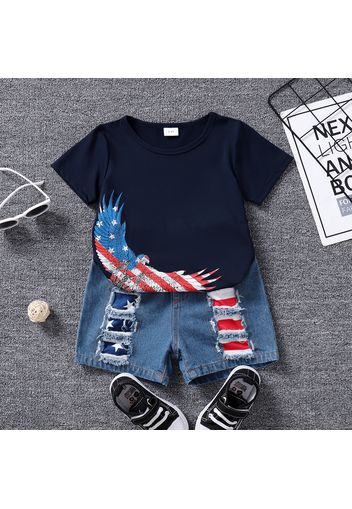 Independence Day 2pcs Toddler Boy Ripped Denim Shorts and Animal Print Tee Set