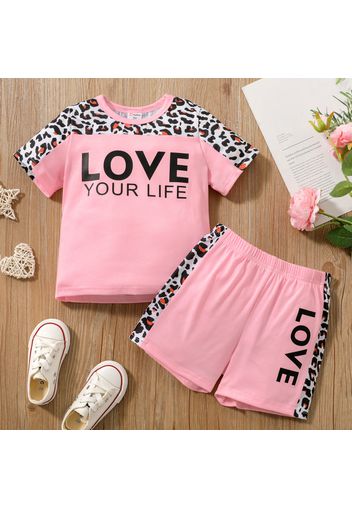 2-piece Toddler Girl Letter Leopard Print Short-sleeve Pink Tee and Elasticized Shorts Set