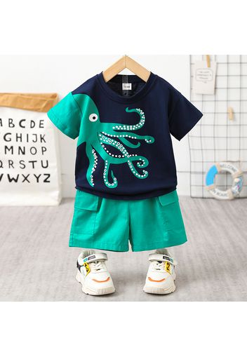 2pcs Toddler Boy 100% Cotton Playful Octopus Print Tee and Pocket Design Cargo Shorts Set