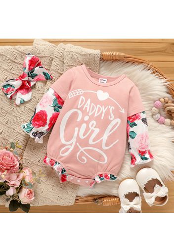 2pcs Baby Girl 95% Cotton Long-sleeve Faux-two Letter & Floral Print Frill Trim Romper with Headband Set