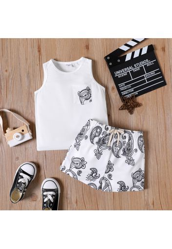 2pcs Toddler Boy Boho Pocket Design Sleeveless Tee and Allover Print Shorts Set