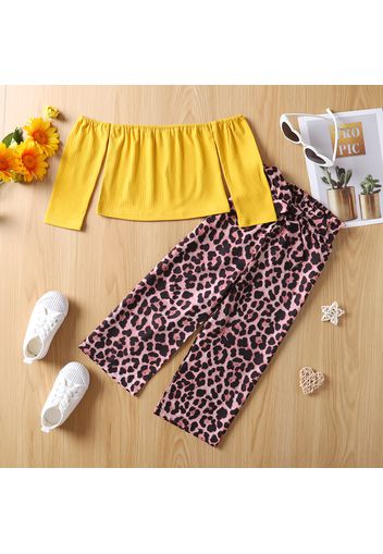 2pcs Toddler Girl Off Shoulder Long-sleeve Yellow Tee and Leopard Print Pants Set