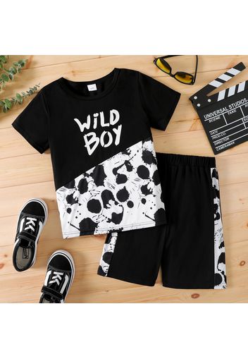 2pcs Kid Boy Letter Painting Print Colorblock Short-sleeve Tee and Elasticized Shorts Set