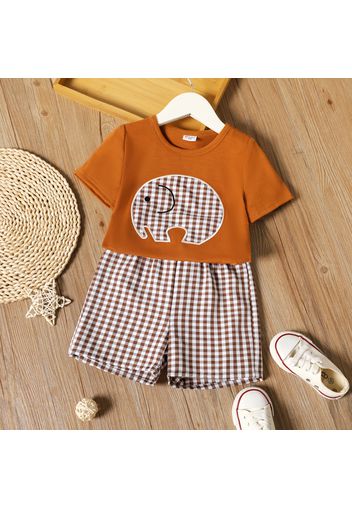 2-piece Toddler Girl Elephant Embroidered Brown Tee and Elasticized Plaid Shorts Set