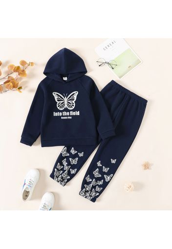 2-piece Kid Girl Letter Animal Butterfly Print Fleece Lined Hoodie Sweatshirt and Pants Set