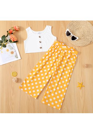 2-piece Kid Girl Button Design Tank Top and Polka dots Belted Ankle Pants Set