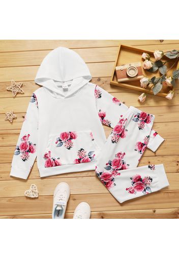 2-piece Kid Girl Floral Print Pocket Design Hoodie Sweatshirt and Elasticized Pants Set