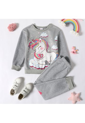 2-piece Kid Girl Unicorn Cloud Print Pullover Sweatshirt and Heart Print Pants Casual Set