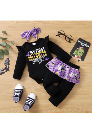 Baby 3pcs Halloween Letter Print Black Long-sleeve Splice Set