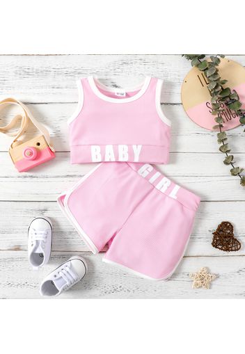 2pcs Baby Girl Letter Print Ribbed Sleeveless Tank Crop Top and Shorts Set