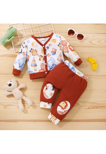 2pcs Baby Boy/Girl Animal Print Waffle Long-sleeve Cardigan and Trousers Set