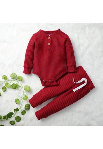 2pcs Solid Waffle Long-sleeve Baby Set