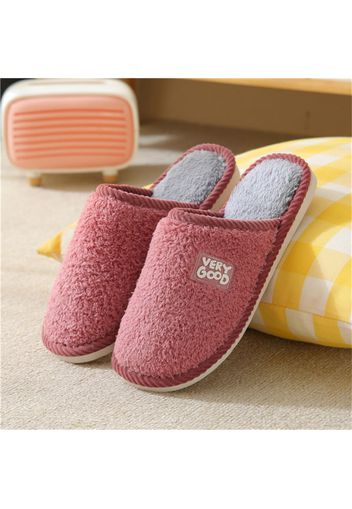 Letter Patch Pure Color Warm Slippers Fluffy Fleece Non-slip House Indoor Cozy Comfy Slipper