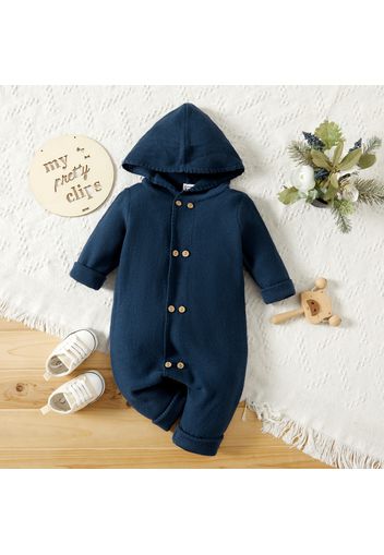 Baby Boy/Girl Solid Double Breasted Long-sleeve Hooded Knitted Jumpsuit