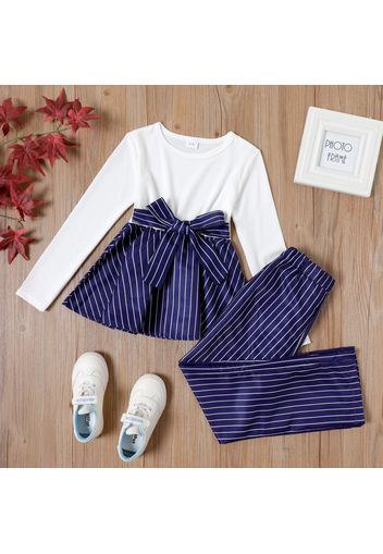 2-piece Kid Girl Striped Bowknot Belted Peplum Long-sleeve Top and Straight Pants Set