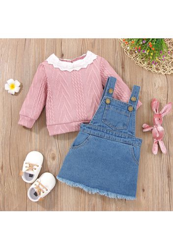 2pcs Baby Girl Imitation Knitting Long-sleeve Top and Denim Overall Dress Set