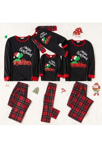 Christmas Cartoon Dinosaur and Letter Print Black Family Matching Long-sleeve Plaid Pajamas Sets (Flame Resistant)