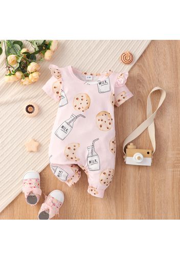 Baby Girl Ruffle Short-sleeve All Over Milk Bottle and Cookie Print Pink Jumpsuit