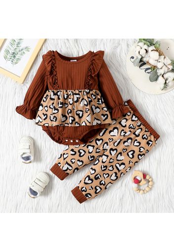 2pcs Baby Girl Brown Ribbed Ruffle Long-sleeve Splicing Leopard Romper and Trousers Set