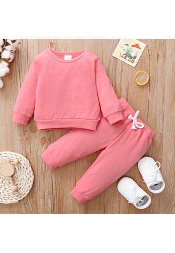 2pcs Baby Girl Solid Long-sleeve Loungewear Pullover and Trousers Set