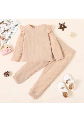 2-piece Toddler Girl Ruffled Textured Long-sleeve Top and Solid Color Pants Set