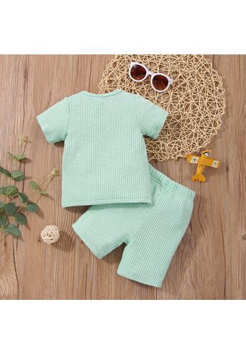 2pcs Baby Girl Solid Ribbed Short-sleeve Tee and Shorts Set