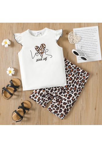 2pcs Kid Girl Letter Heart Print Flutter-sleeve White Tee and Leopard Print Shorts Set