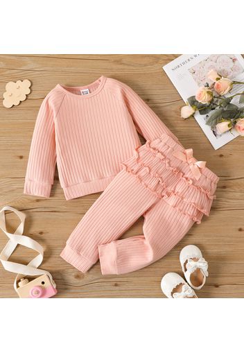 2pcs Baby Girl Pink Rib Knit Raglan-sleeve Pullover and Layered Ruffle Trim Pants Set