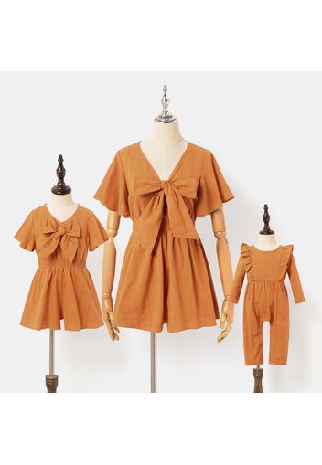 100% Cotton Bow V-neck Ruffle Short-sleeve Matching Khaki Dresses