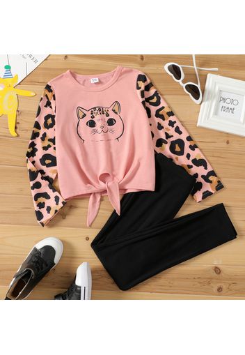 2-piece Kid Girl Cat Leopard Print Tie Knot Long-sleeve Tee and Black Pants Set