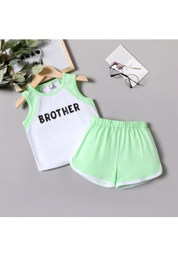 2pcs Toddler Boy Letter Print Colorblock Sleeveless Tee Set and Elasticized Shorts Set