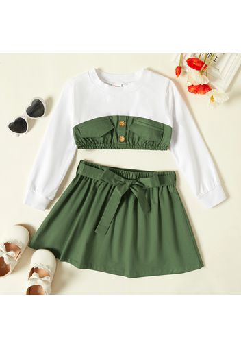 2-piece Toddler Girl Colorblock Button Decor Long-sleeve Crop Top and Bowknot Decor Solid Skirt Set