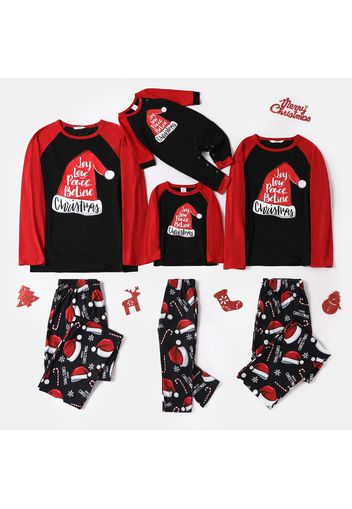 Christmas Hat and Letter Print Black Family Matching Raglan Long-sleeve Pajamas Sets (Flame Resistant)