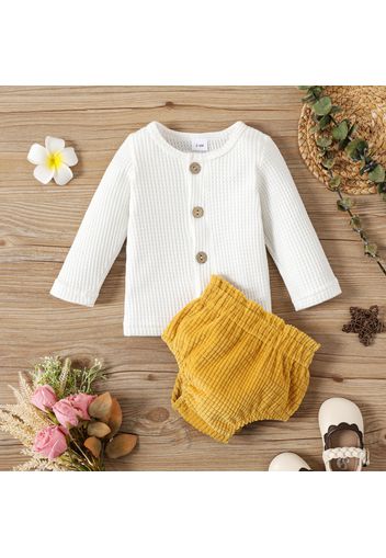 2pcs Baby Boy/Girl Solid Waffle Button Up Long-sleeve Top and Corduroy Shorts Set