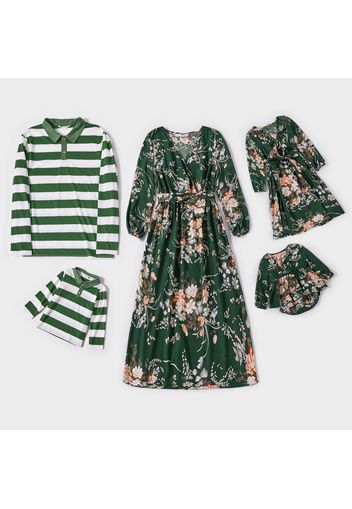 Family Matching All Over Floral Print Green V Neck Belted Long-sleeve Midi Dresses and Striped Lapel T-shirts Sets