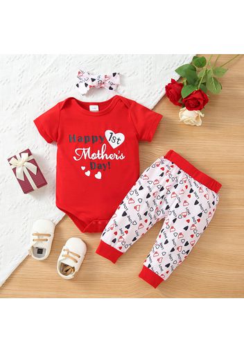 Mother's Day 3pcs Baby Girl Love Heart Letter Print Short-sleeve Romper and Pants with Headband Set