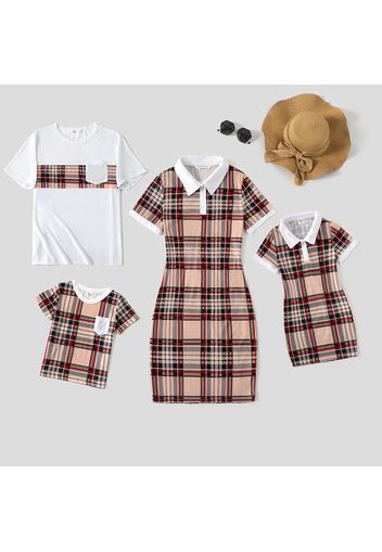 Family Matching Khaki Plaid Polo Collar Short-sleeve Pencil Dresses and T-shirts Sets