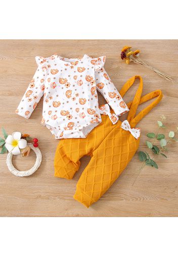 2pcs Baby Girl Floral Print Long-sleeve Romper and Suspender Pants Set